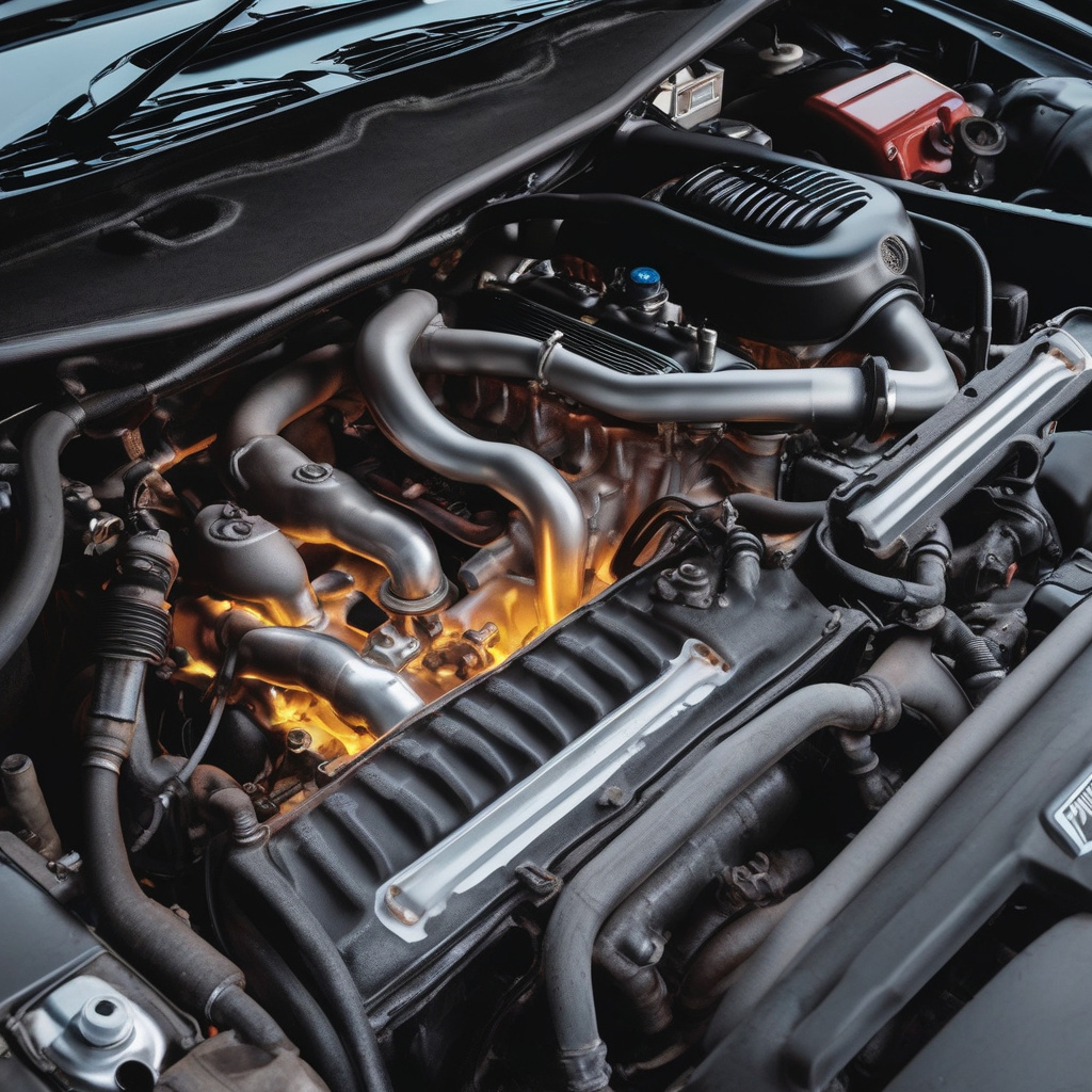 Burning oil residue near exhaust under diagnostic review Engine with burning oil residue visible near exhaust components