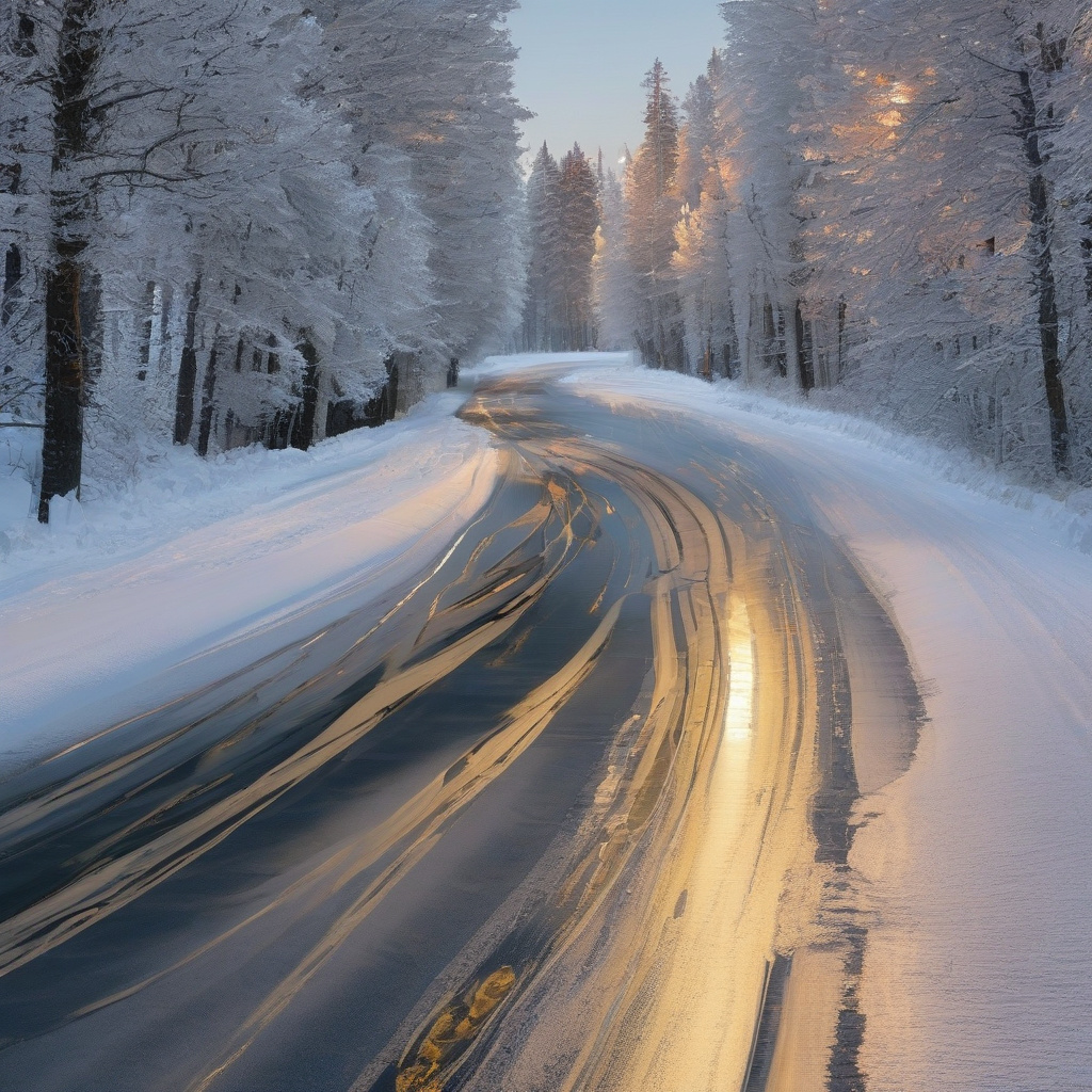 Early morning commute with visible snowflake icon Snowflake icon warning drivers on a frosty morning commute